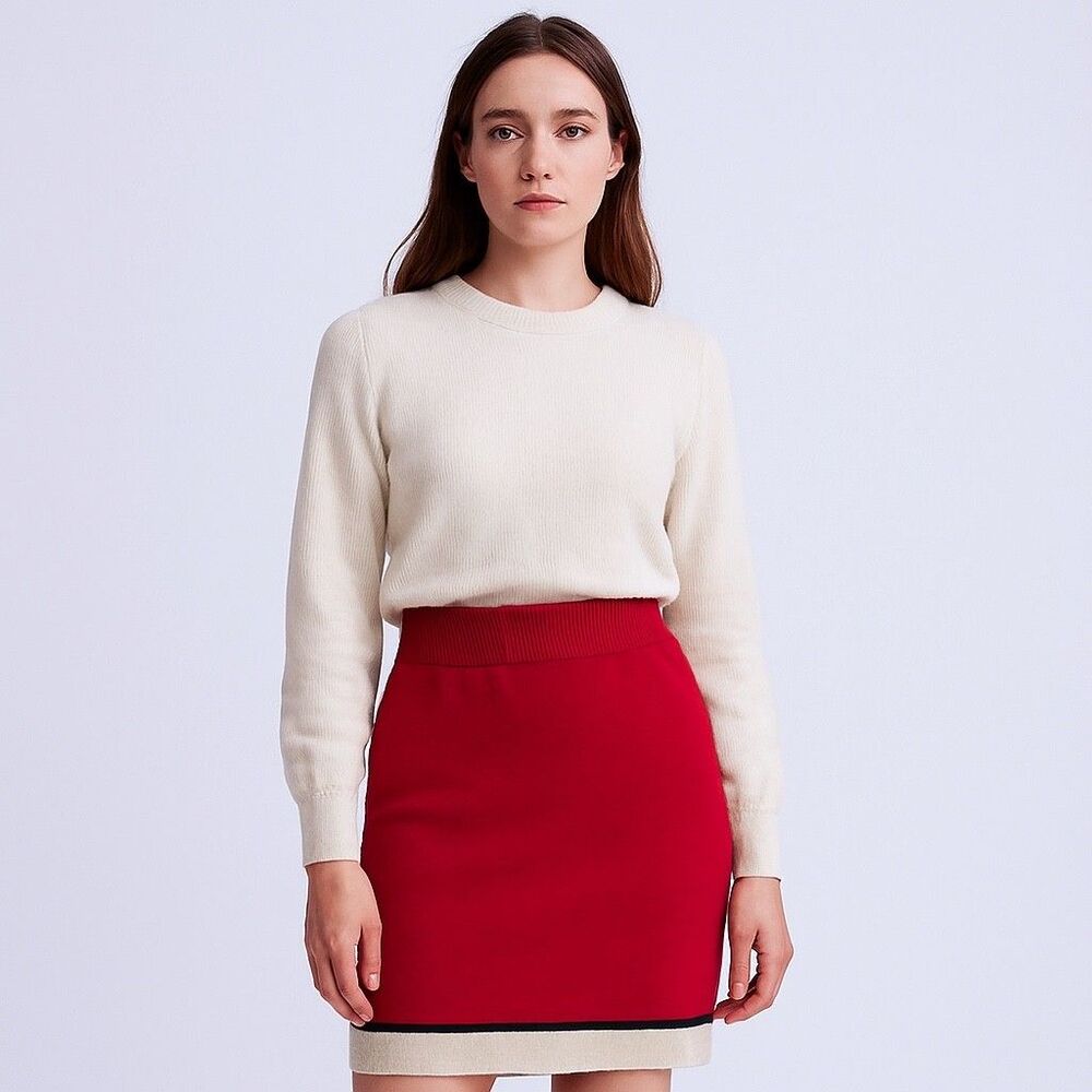 St. John Collection Made in USA Red Knit Skirt Elastic Waist Women Size 8 (A9)